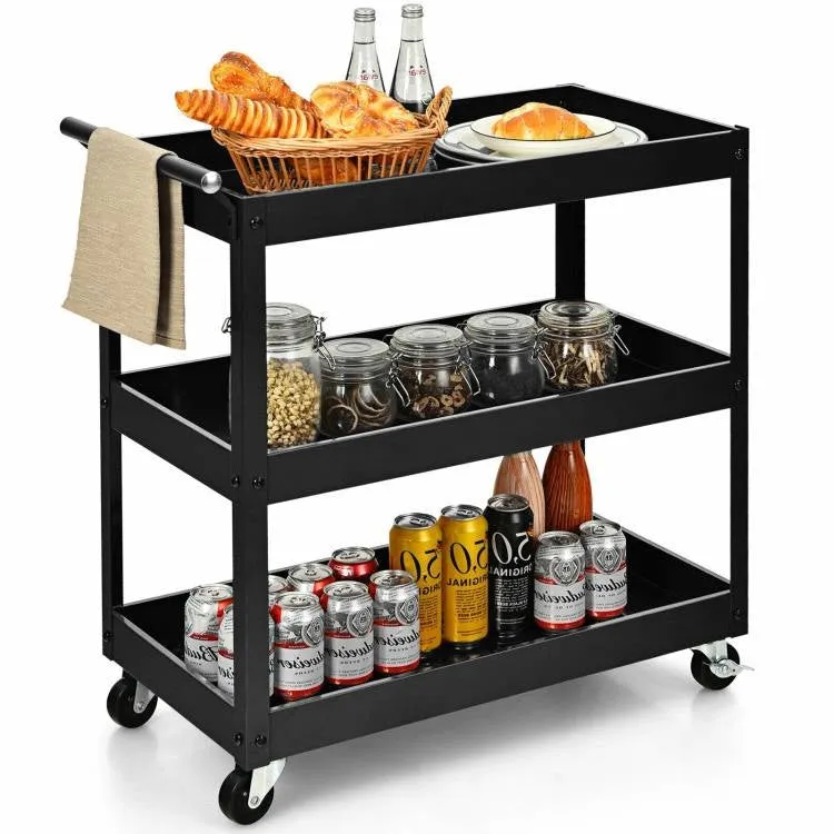 Black Steel Kitchen Cart with 2 Bottom Shelves