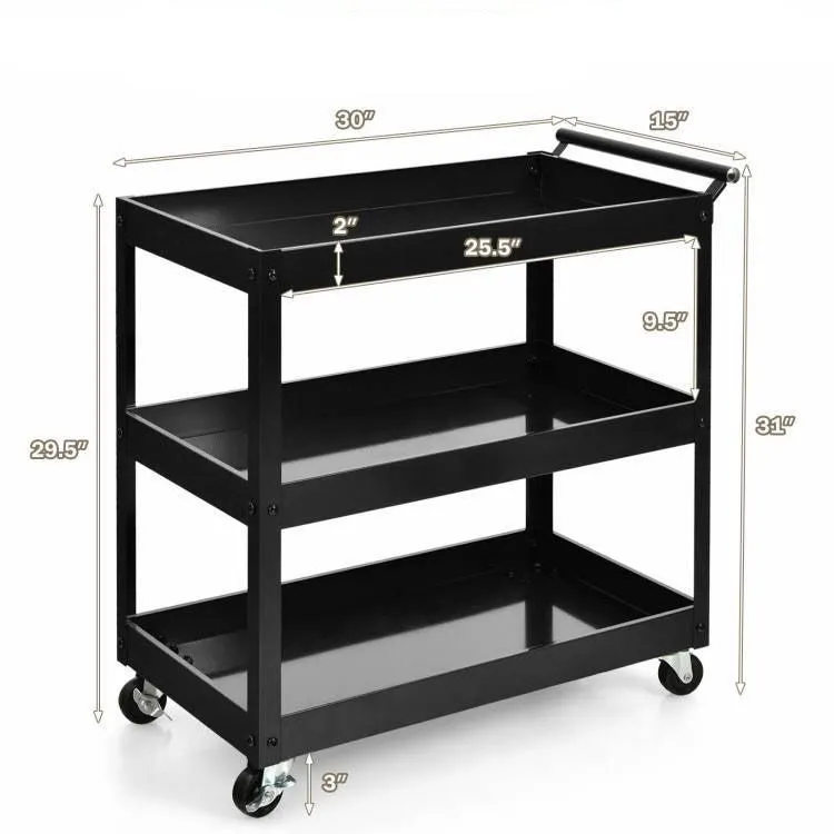 Black Steel Kitchen Cart with 2 Bottom Shelves