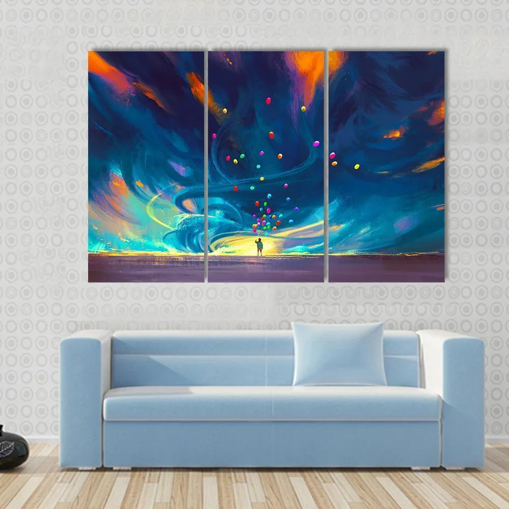 Child Holding Balloons Illustration Canvas Wall Art