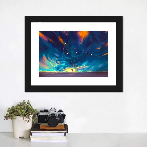 Child Holding Balloons Illustration Canvas Wall Art