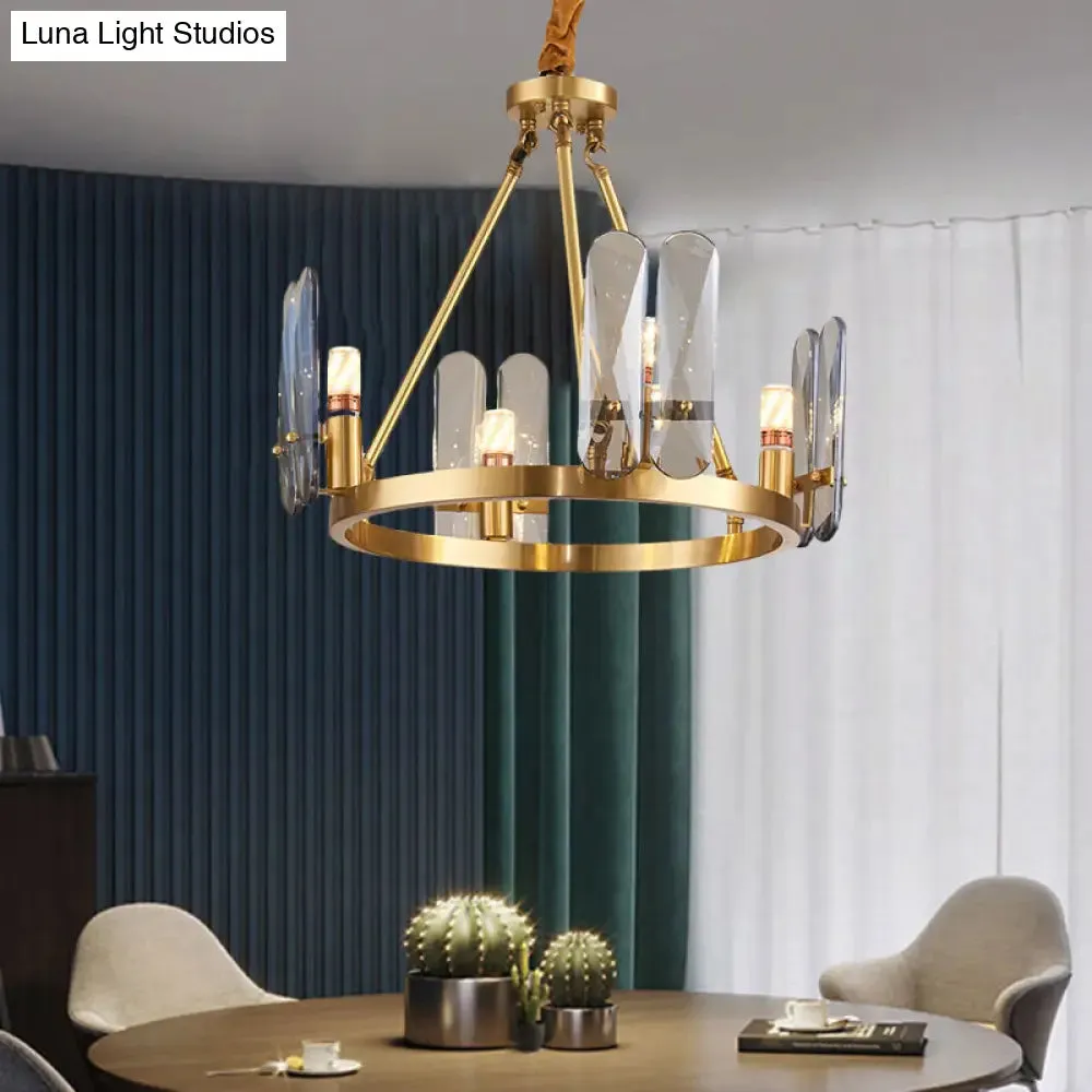 Circular Metal Brass Chandelier with 4 Modernist Heads and Oval Smoke Gray Crystal Panel