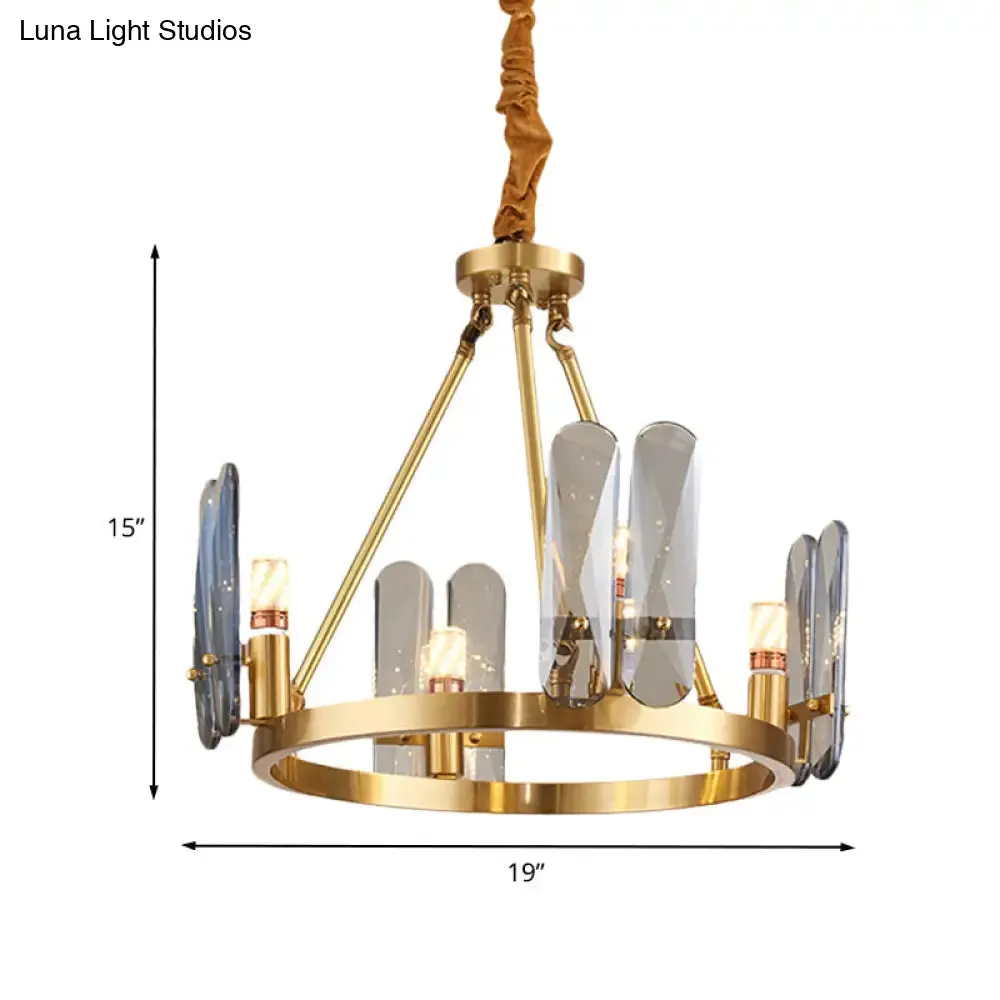 Circular Metal Brass Chandelier with 4 Modernist Heads and Oval Smoke Gray Crystal Panel