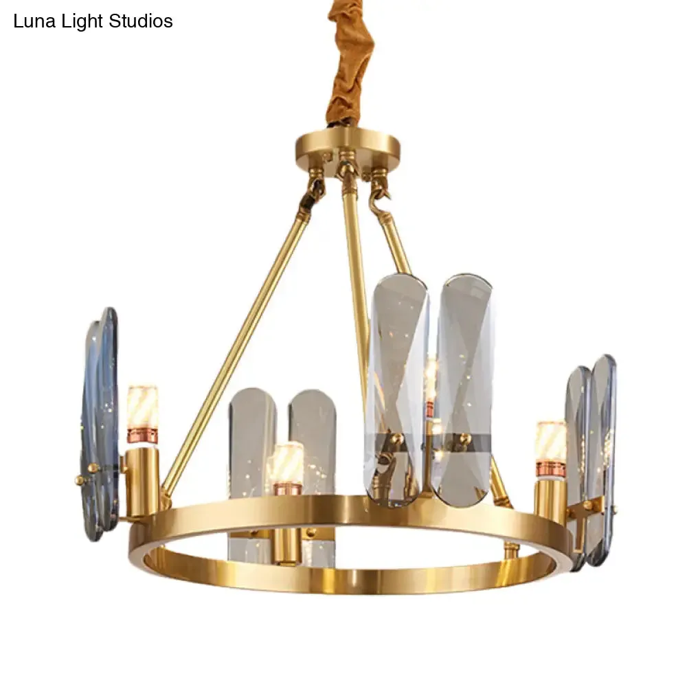 Circular Metal Brass Chandelier with 4 Modernist Heads and Oval Smoke Gray Crystal Panel