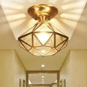 Colonial Diamond Flush Ceiling Light - 10"/12" - 1-Light - Clear Beveled Glass Panels - Brass Finish