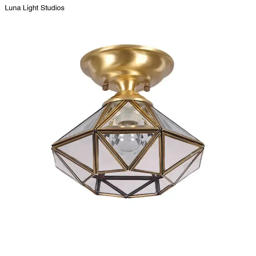 Colonial Diamond Flush Ceiling Light - 10"/12" - 1-Light - Clear Beveled Glass Panels - Brass Finish