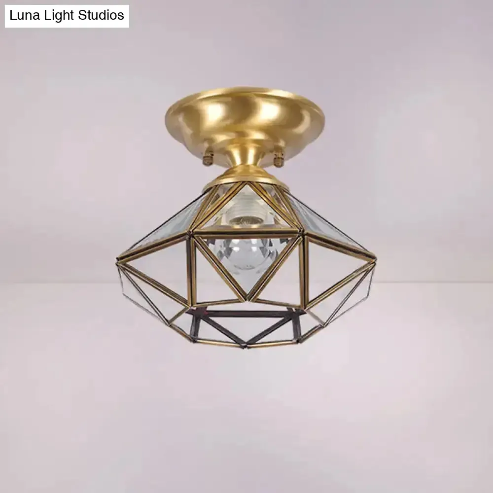 Colonial Diamond Flush Ceiling Light - 10"/12" - 1-Light - Clear Beveled Glass Panels - Brass Finish