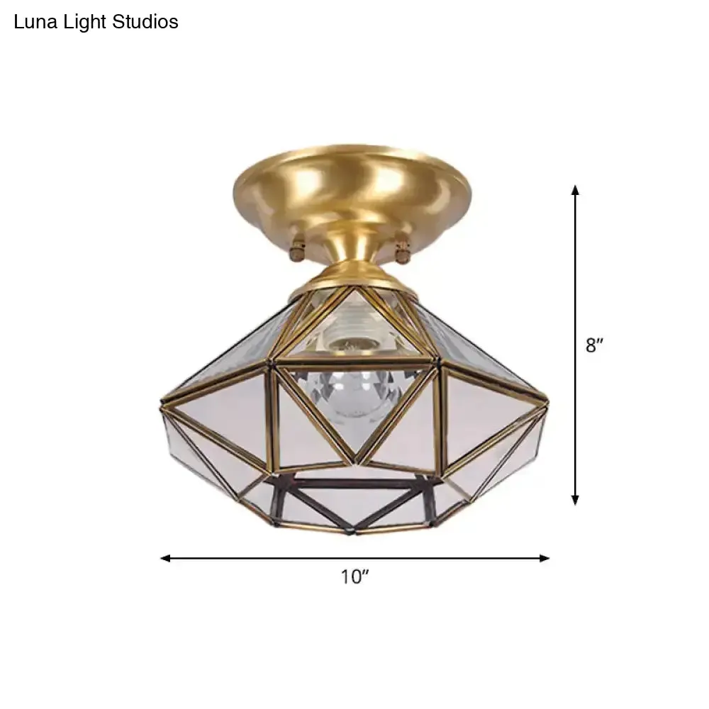 Colonial Diamond Flush Ceiling Light - 10"/12" - 1-Light - Clear Beveled Glass Panels - Brass Finish