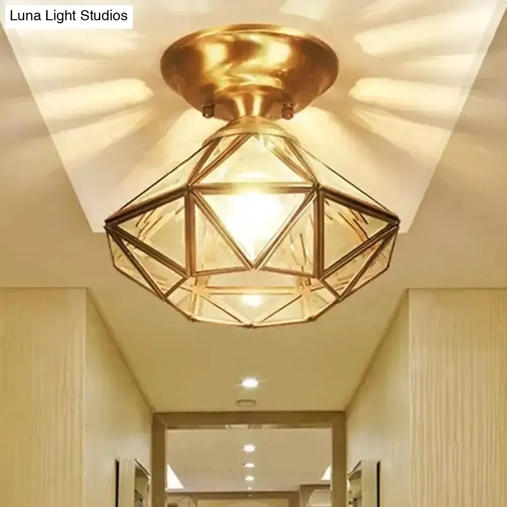 Colonial Diamond Flush Ceiling Light - 10"/12" - 1-Light - Clear Beveled Glass Panels - Brass Finish
