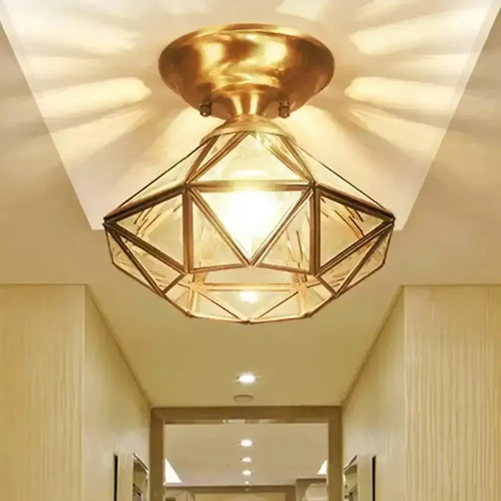 Colonial Diamond Flush Ceiling Light - 10"/12" - 1-Light - Clear Beveled Glass Panels - Brass Finish