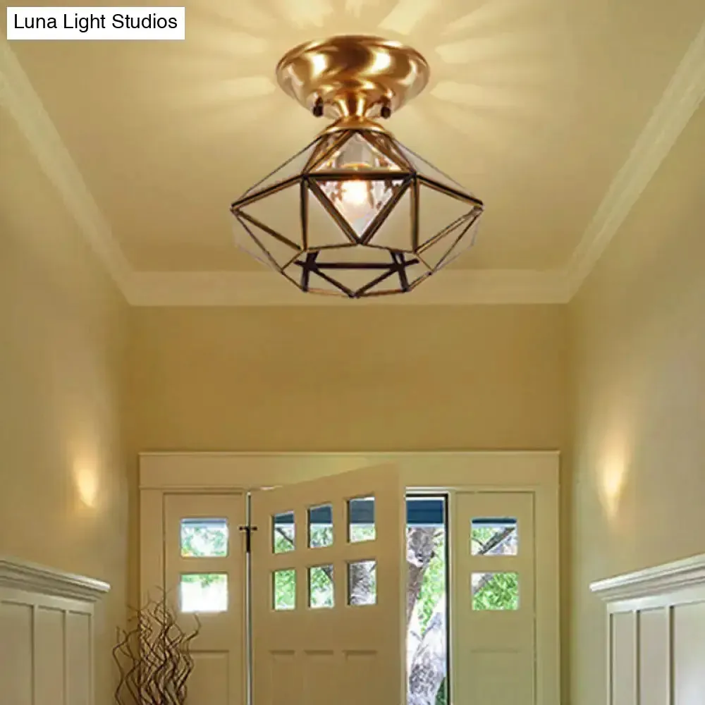 Colonial Diamond Flush Ceiling Light - 10"/12" - 1-Light - Clear Beveled Glass Panels - Brass Finish