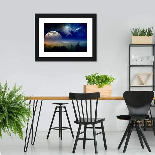Comet In Dark Blue Sky Canvas Wall Art