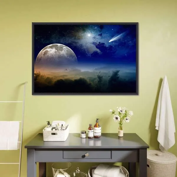 Comet In Dark Blue Sky Canvas Wall Art
