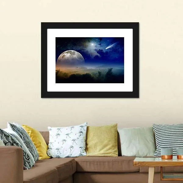Comet In Dark Blue Sky Canvas Wall Art
