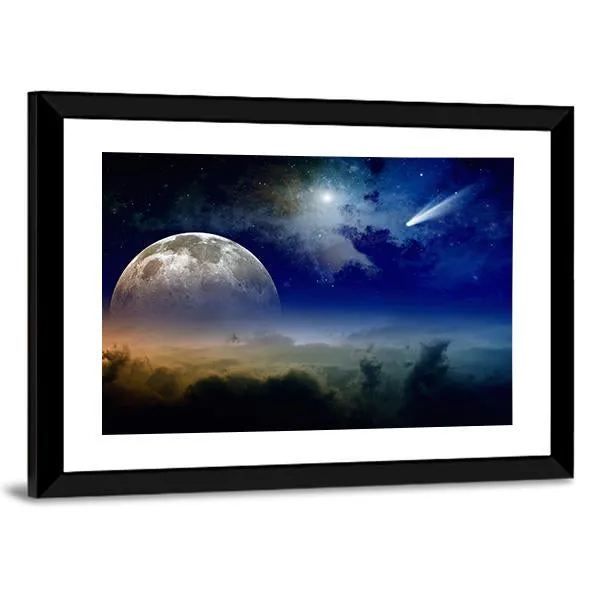 Comet In Dark Blue Sky Canvas Wall Art