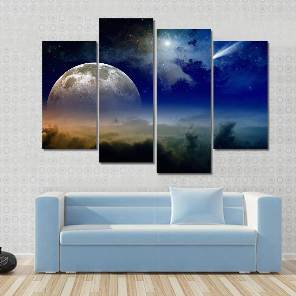 Comet In Dark Blue Sky Canvas Wall Art