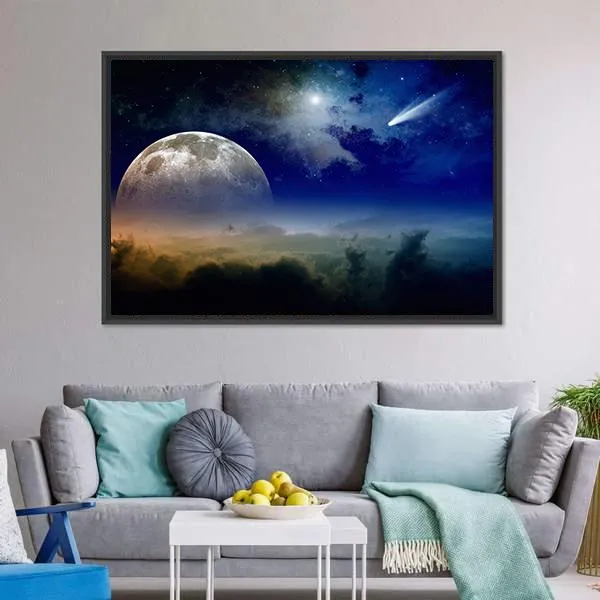 Comet In Dark Blue Sky Canvas Wall Art