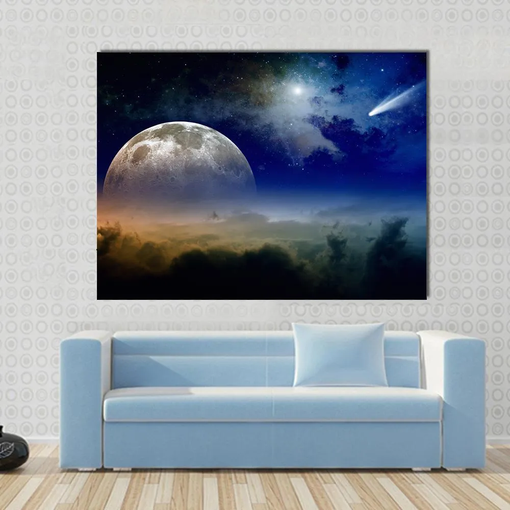 Comet In Dark Blue Sky Canvas Wall Art