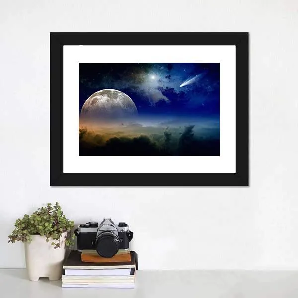 Comet In Dark Blue Sky Canvas Wall Art