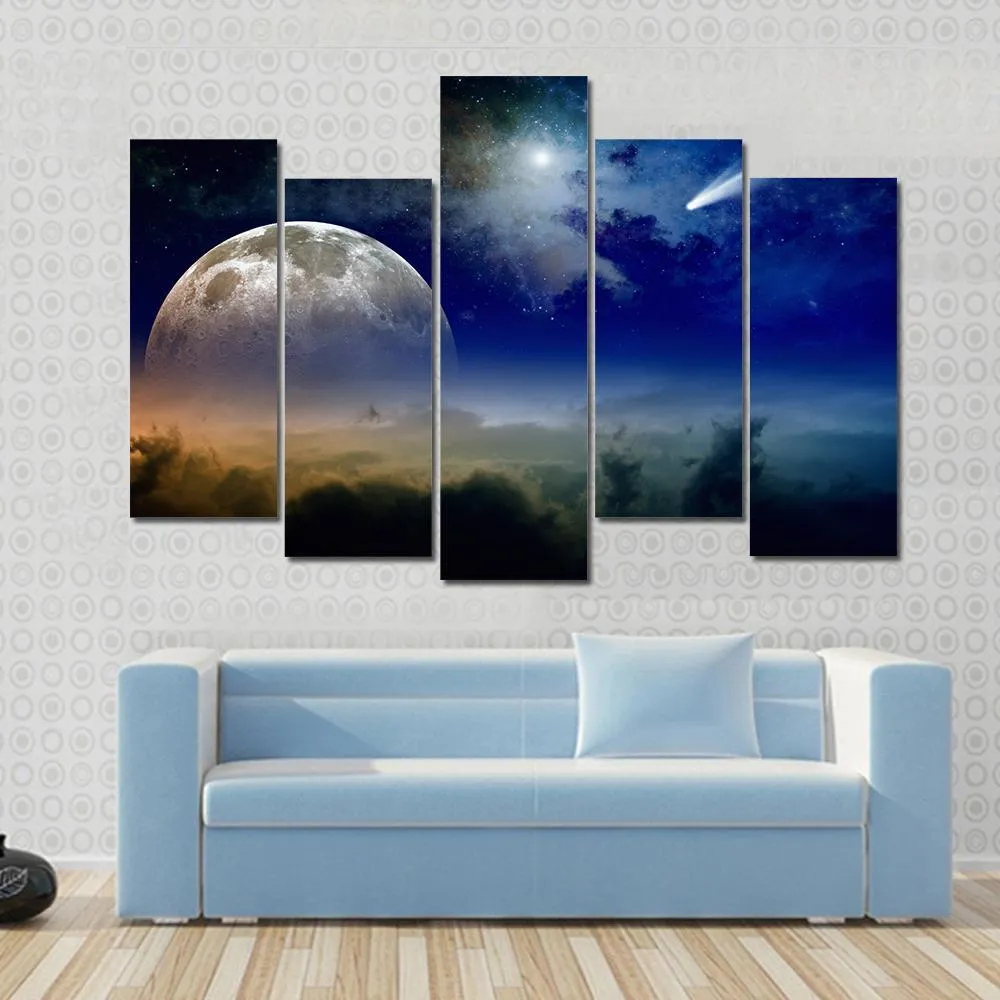 Comet In Dark Blue Sky Canvas Wall Art