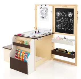 Costway Kids Art Center Wooden Table Bench Set Adjustable Double-Sided Easel Storage