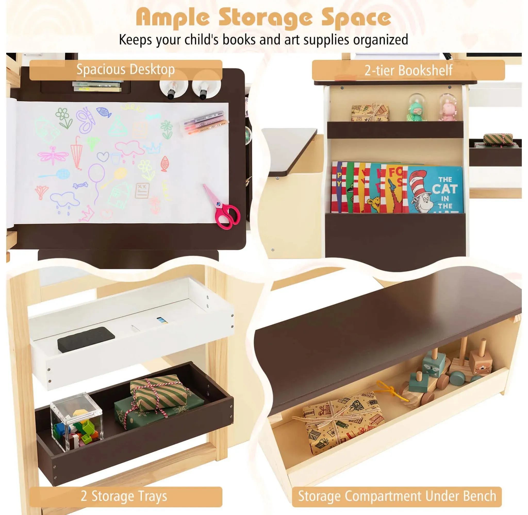 Costway Kids Art Center Wooden Table Bench Set Adjustable Double-Sided Easel Storage