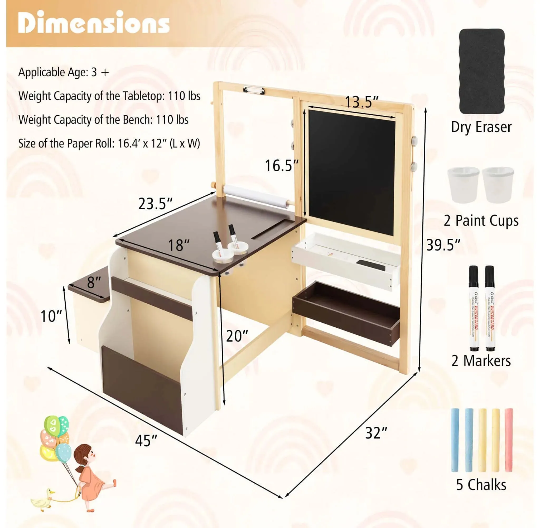 Costway Kids Art Center Wooden Table Bench Set Adjustable Double-Sided Easel Storage