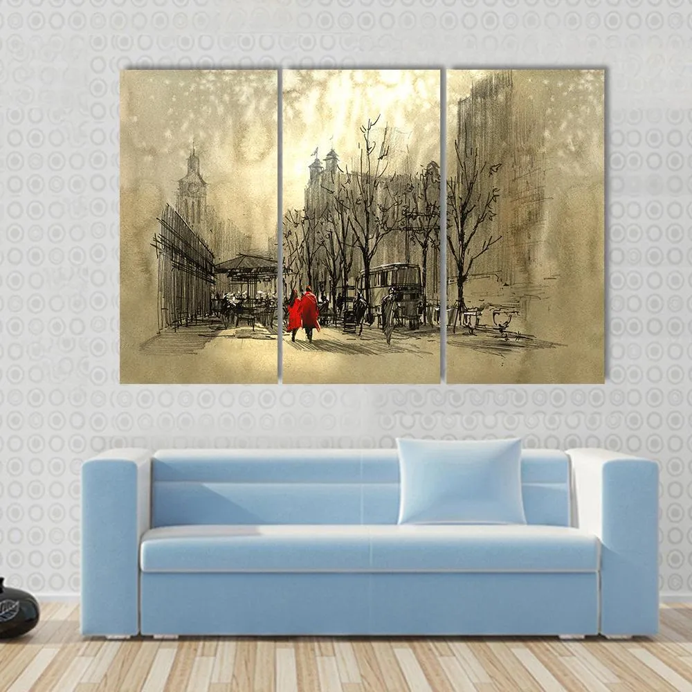 Couple In Red On Street Canvas Wall Art
