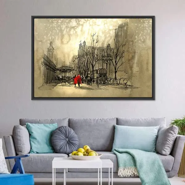 Couple In Red On Street Canvas Wall Art