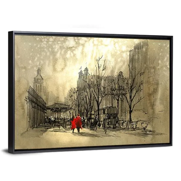 Couple In Red On Street Canvas Wall Art
