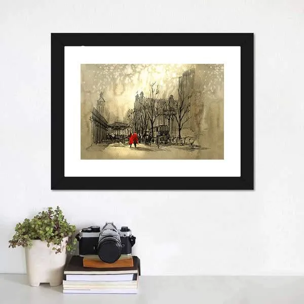 Couple In Red On Street Canvas Wall Art
