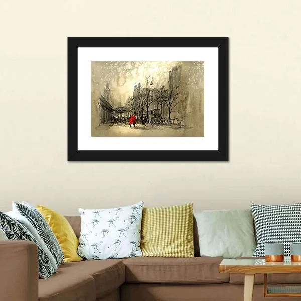 Couple In Red On Street Canvas Wall Art