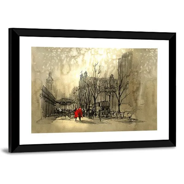 Couple In Red On Street Canvas Wall Art