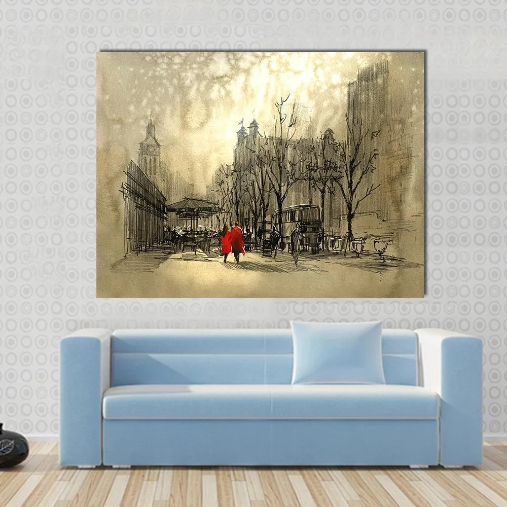 Couple In Red On Street Canvas Wall Art
