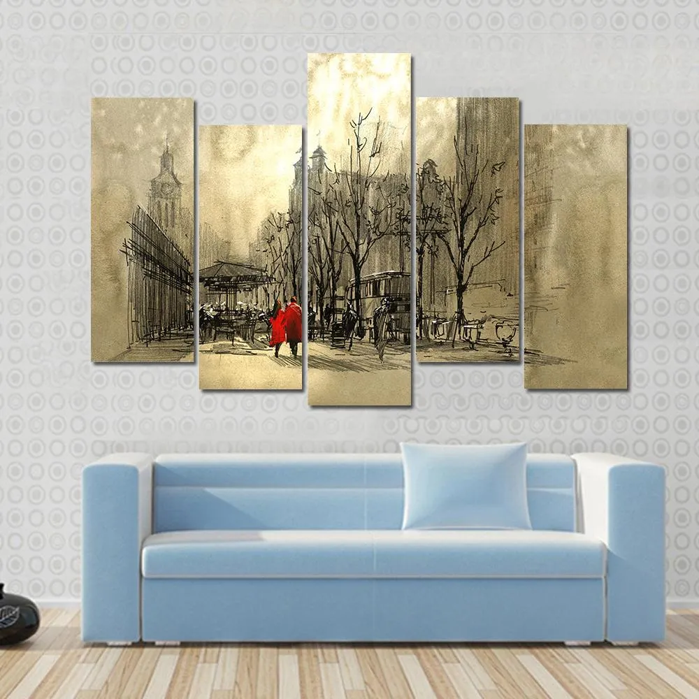 Couple In Red On Street Canvas Wall Art