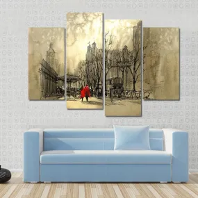 Couple In Red On Street Canvas Wall Art