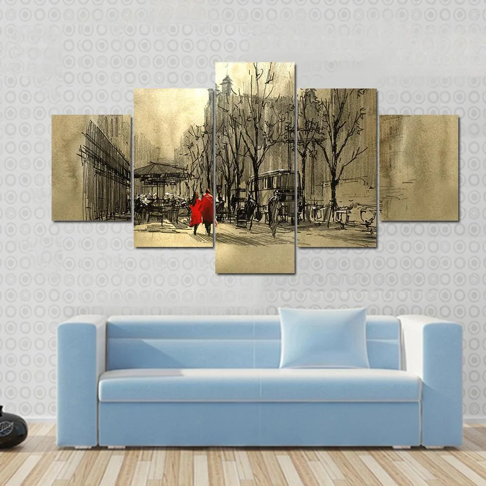 Couple In Red On Street Canvas Wall Art
