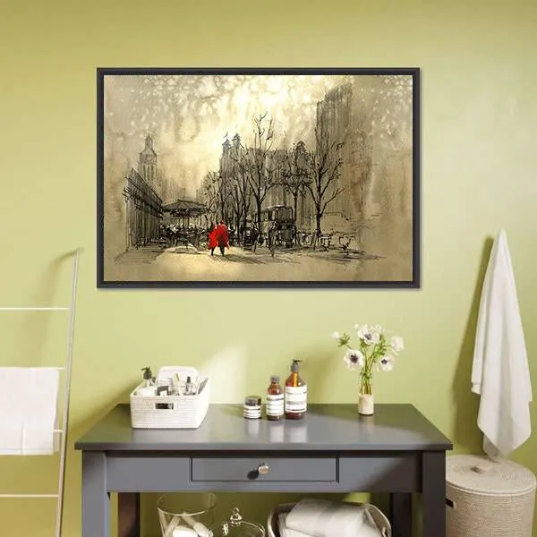 Couple In Red On Street Canvas Wall Art