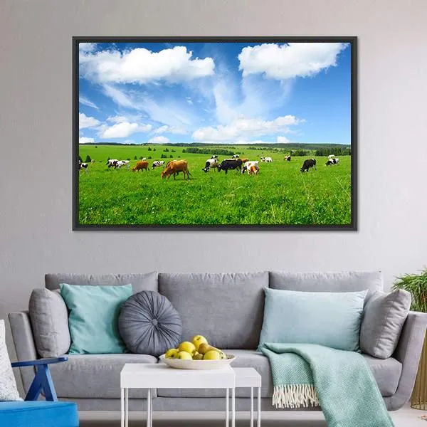 Cows In Green Meadow Canvas Wall Art