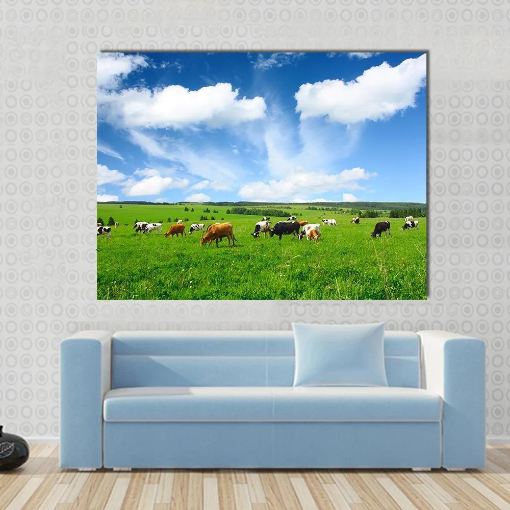 Cows In Green Meadow Canvas Wall Art