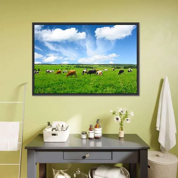 Cows In Green Meadow Canvas Wall Art