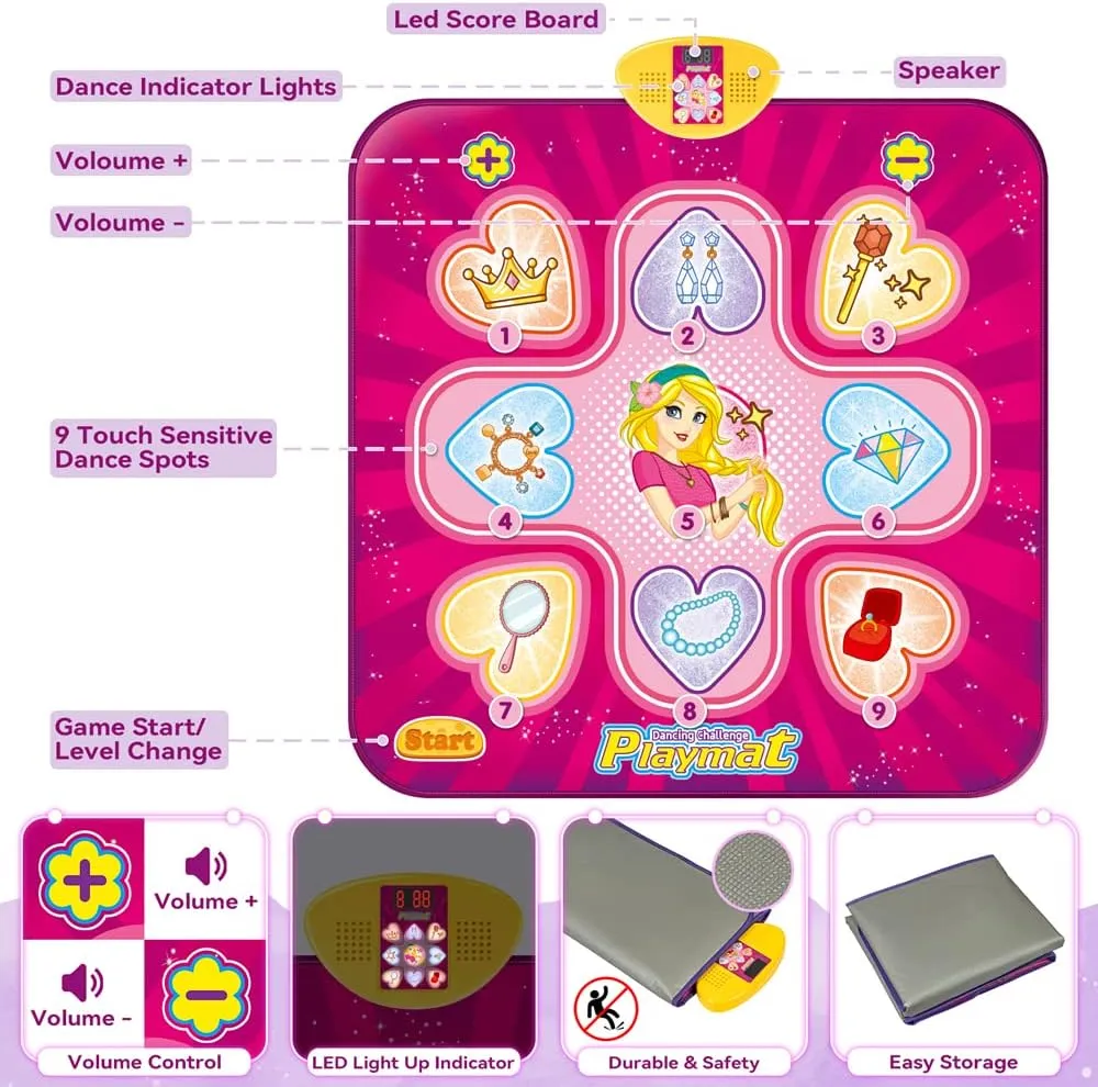 Dance Mat, Toys for 3 4 5 6 7 8  Year Old Girls, Electronic Musical Play Mats Dance Pad with LED Light, Dance Game Toy Gift for Kids, 7 Game Modes, Christmas Birthday Gifts for Age 3-10 Year Old Girls