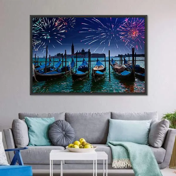 Fireworks Over Canal Canvas Wall Art