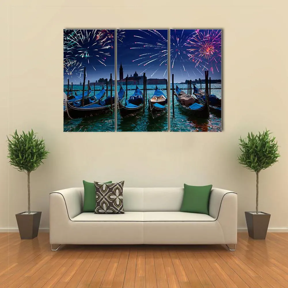 Fireworks Over Canal Canvas Wall Art