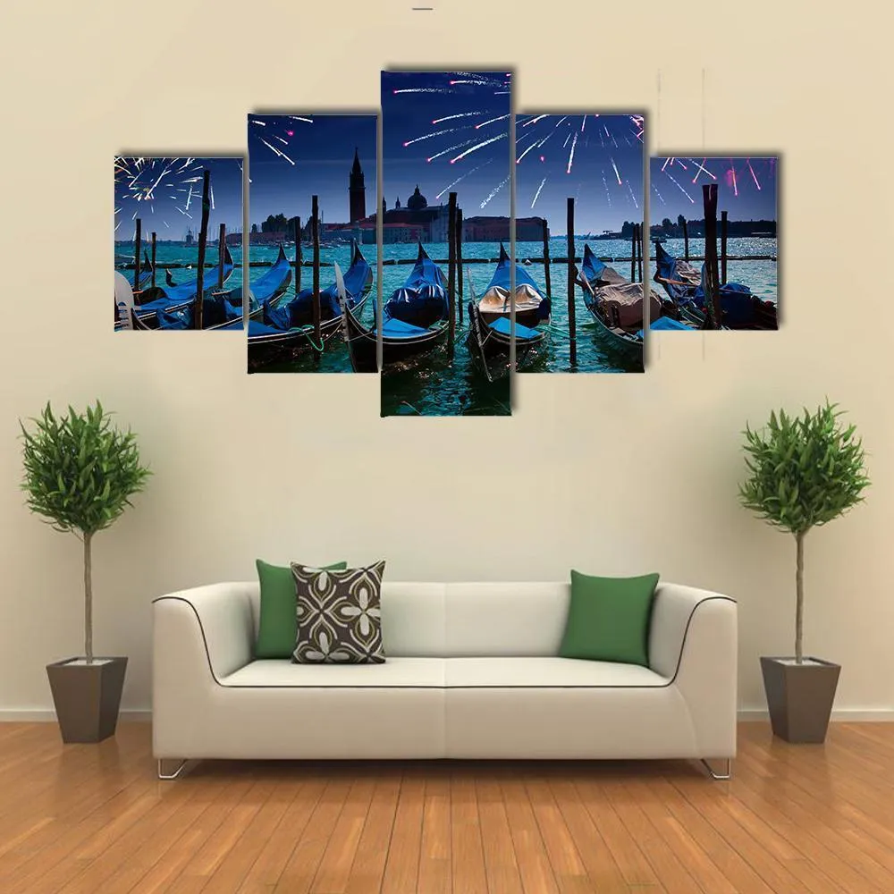 Fireworks Over Canal Canvas Wall Art
