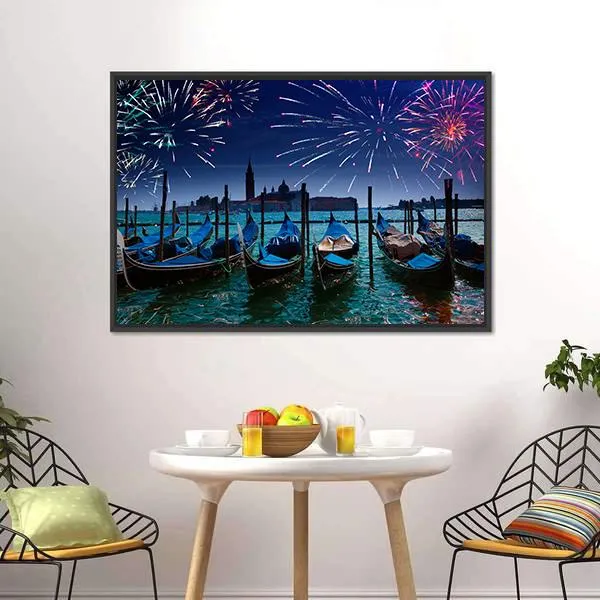 Fireworks Over Canal Canvas Wall Art