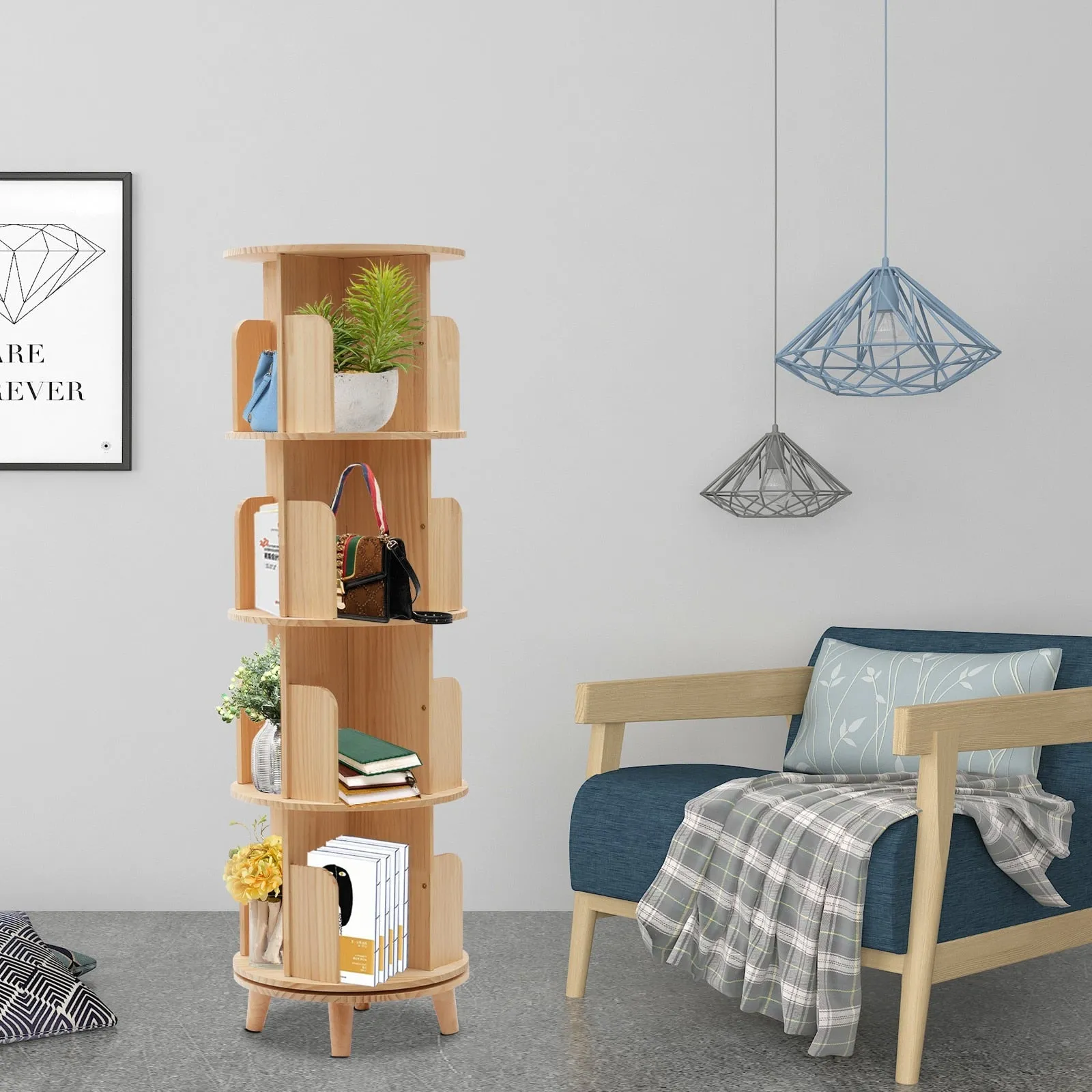 Floor Standing Storage Rack with 360-Degree Rotation