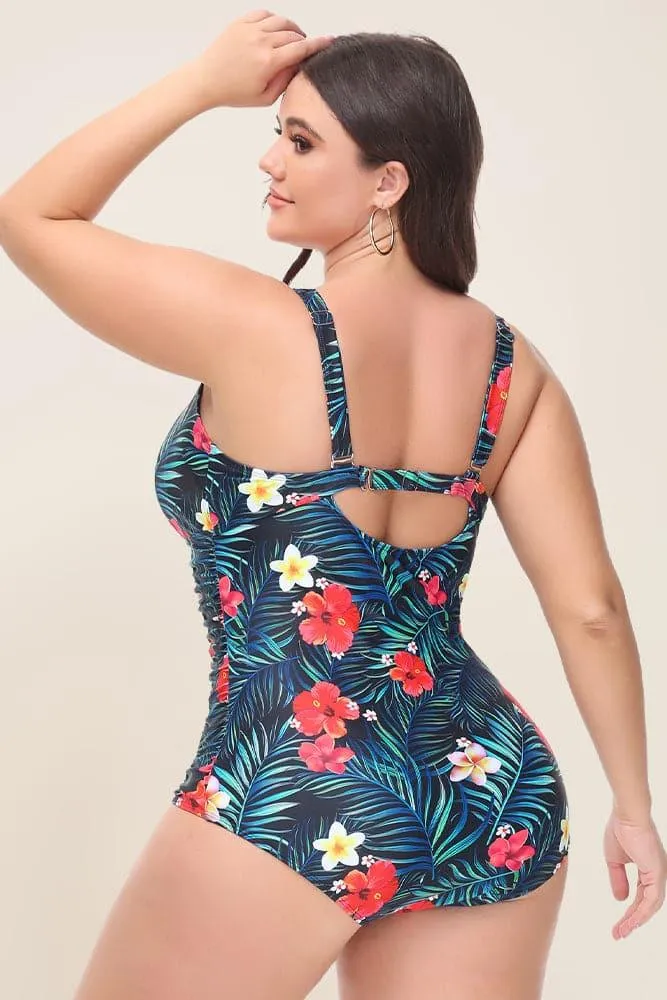 Floral Padded Bathing Suit Ruched Knotted Bodice One Piece Swimsuit