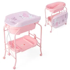 Folding Baby Changing Table with Bathtub and 4 Universal Wheels-Pink