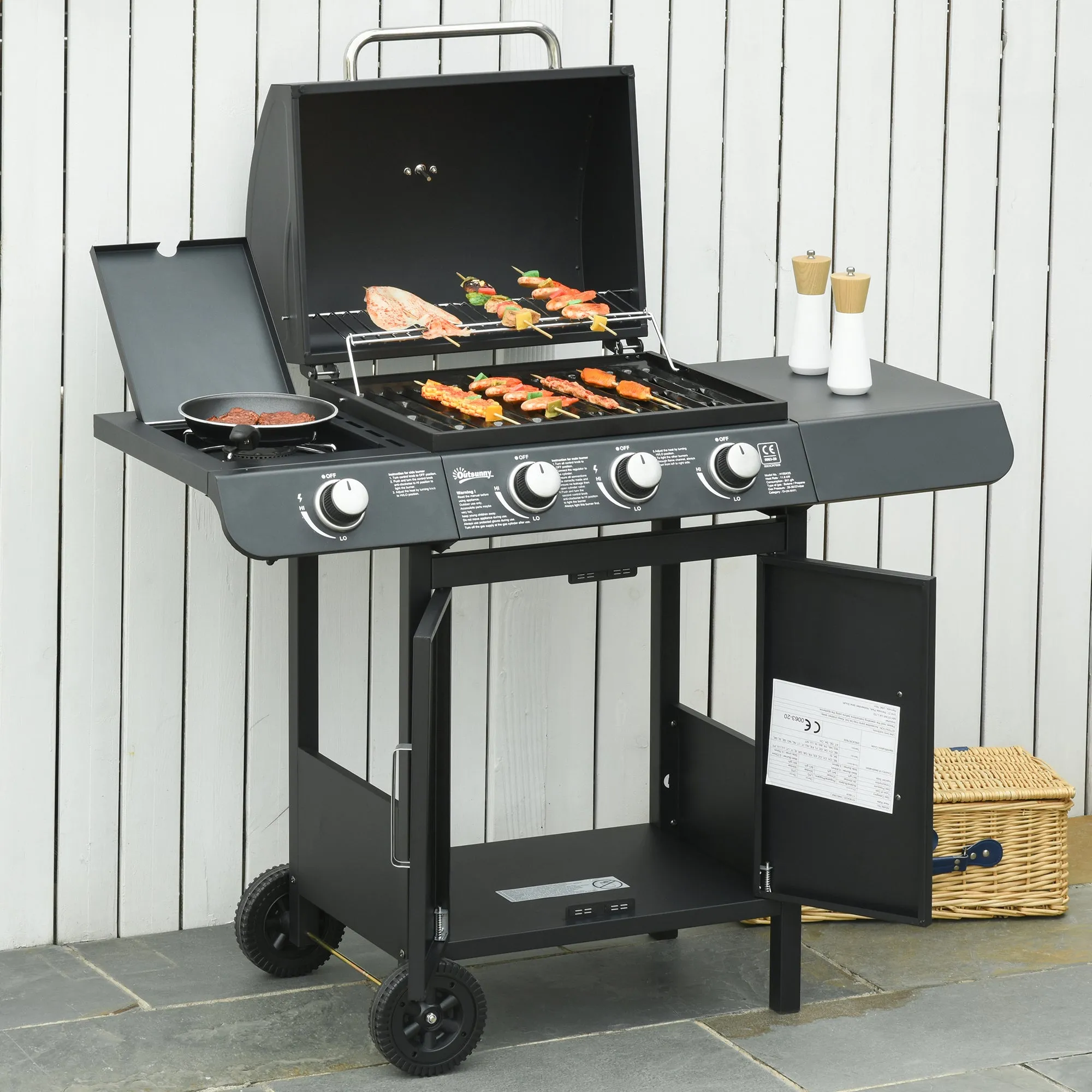 Gas Burner Barbecue Grill 3 1 Burner Garden BBQ Trolley w/ Side Burner Warming Rack Side Shelves Storage Cabinet Piezo Ignition Thermometer 110x50x100cm