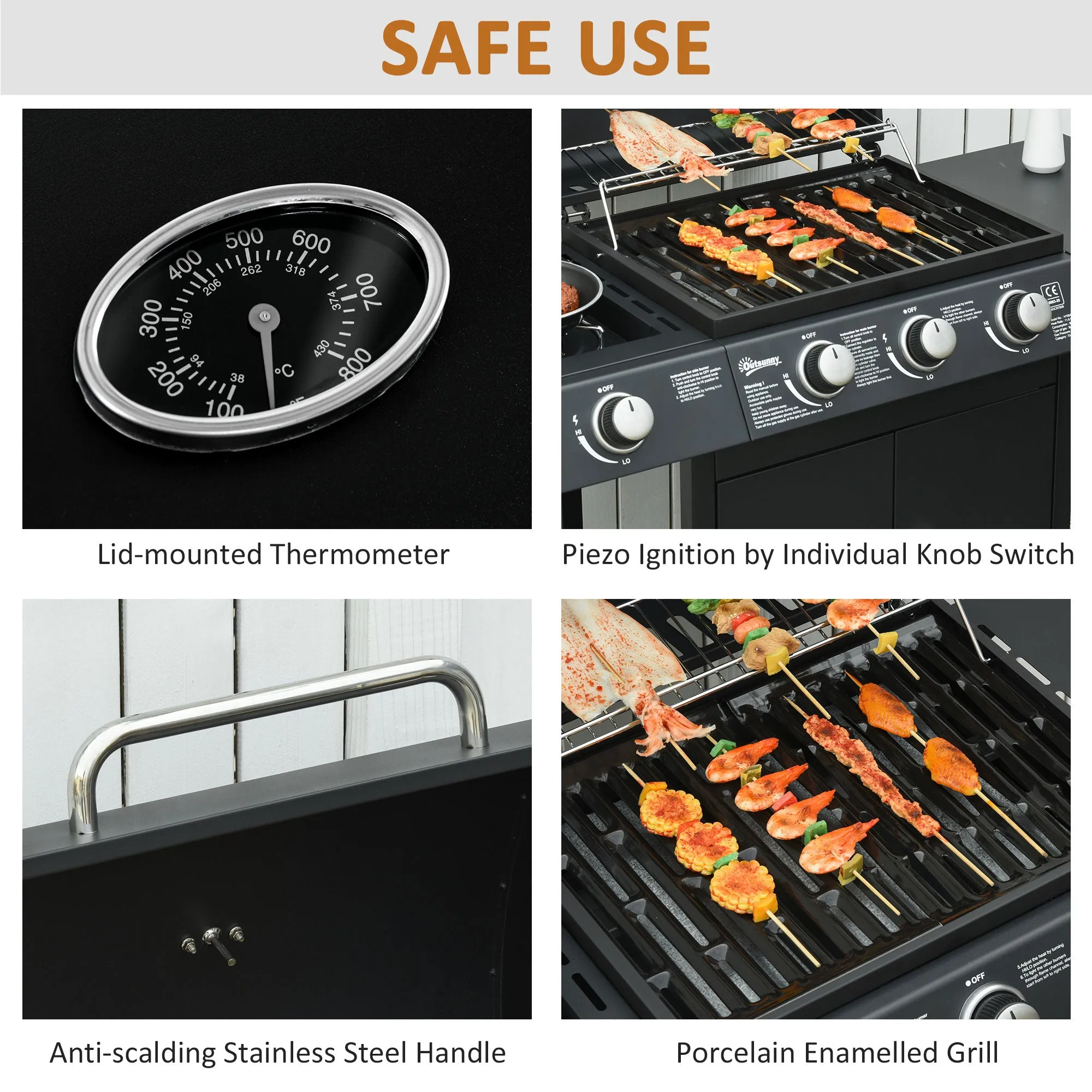 Gas Burner Barbecue Grill 3 1 Burner Garden BBQ Trolley w/ Side Burner Warming Rack Side Shelves Storage Cabinet Piezo Ignition Thermometer 110x50x100cm